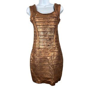 HERVE LEGER Bandage Mini Dress Gold Metallic Foil Print‎ cocktail sz s